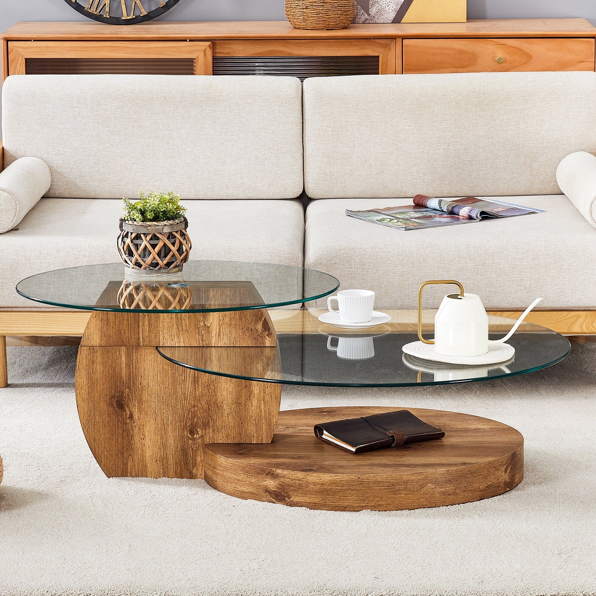 Modern Round Glass Coffee Table w/ Wood Base, 3 Tier Round Coffee Table, Clear Cocktail Table w/ Storage for Home Office