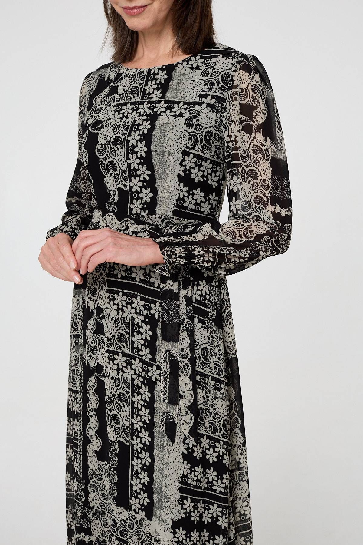 Izabel London Floral Patchwork Print Long sleeve Dress