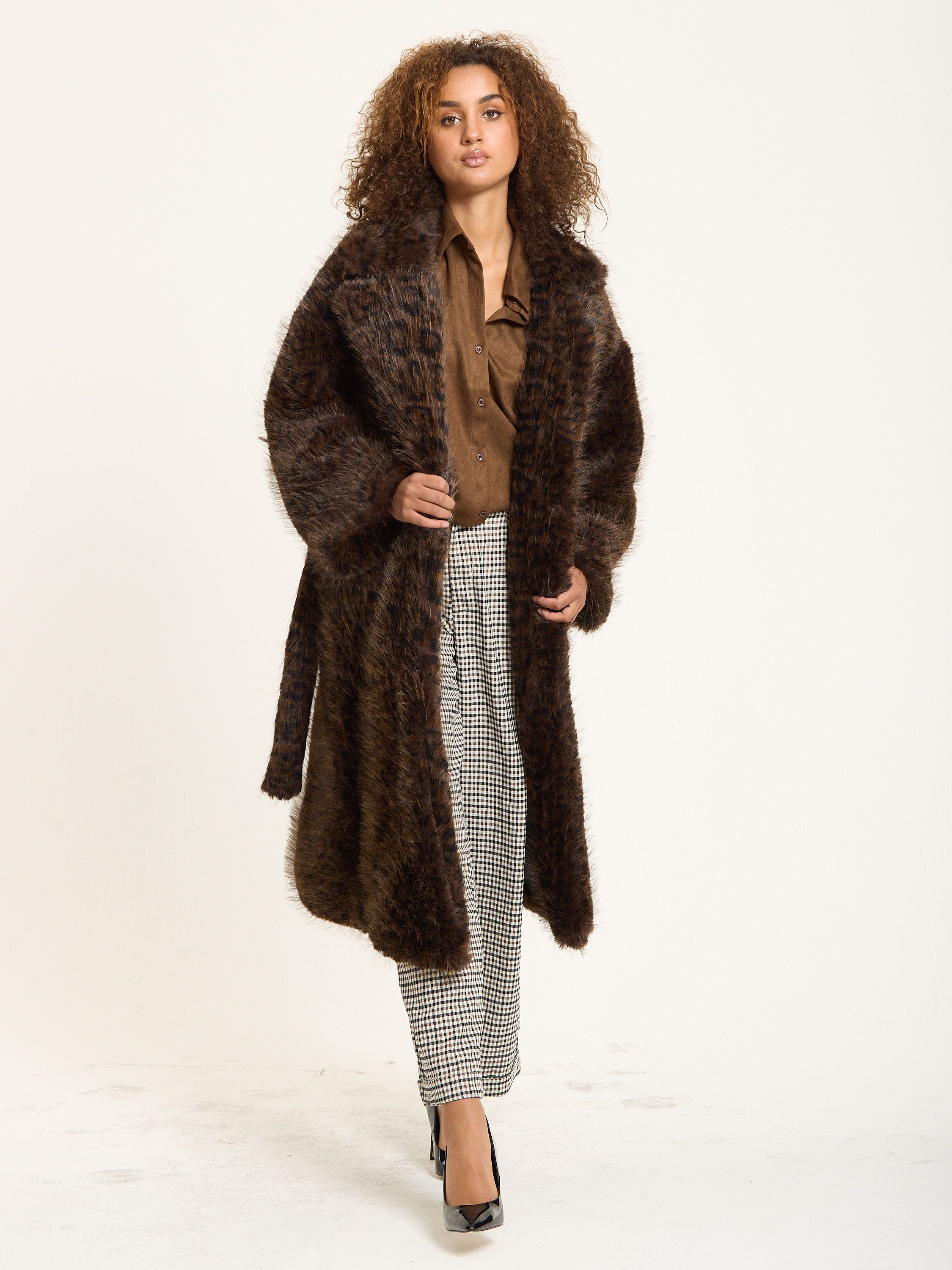 House of Holland Brown Long Faux Fur Leopard Coat