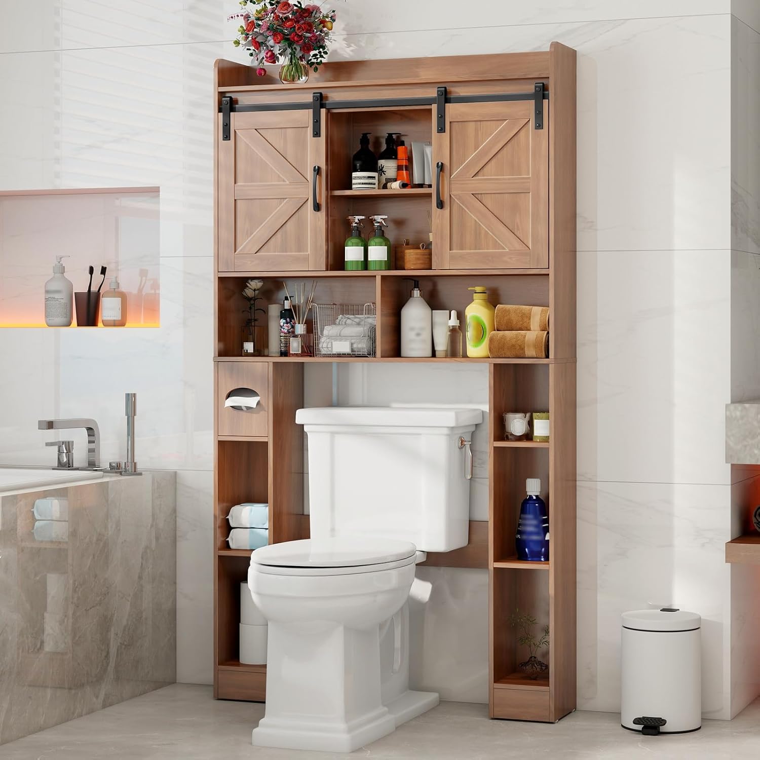 Vabches Farmhouse Storage Cabinet Over Toilet with Sliding Doors, Home Space-Saving Toilet Rack, Over The Toilet Storage Cabinet, Open Storage Shelf, for Bathroom, Laundry, Restroom.Walnut