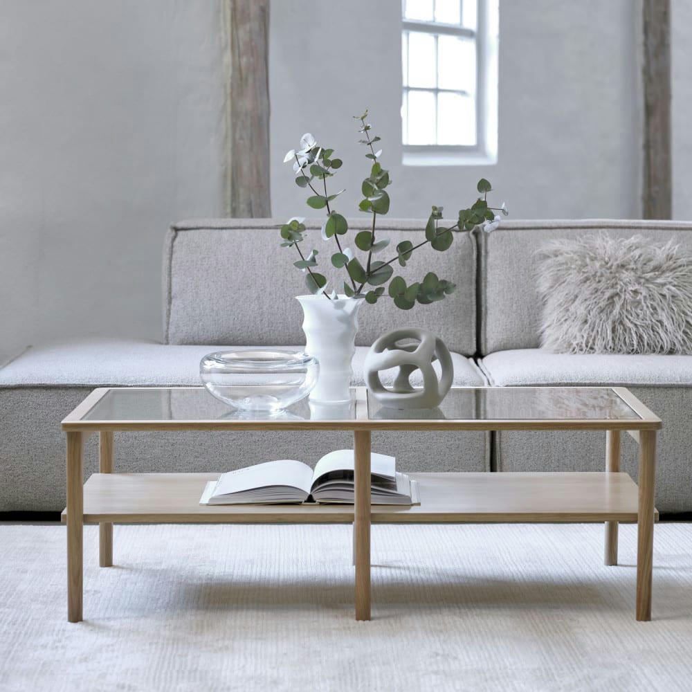 CAHIR - Table basse en verre trempé et bois 120x60cm bois clair