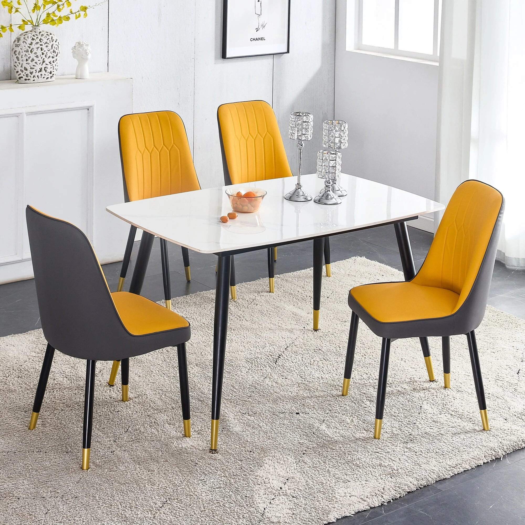 Modern 5-Piece Dining Table Set with Marble Patterned Sintered Stone Top and PU Leather Upholstered Chairs