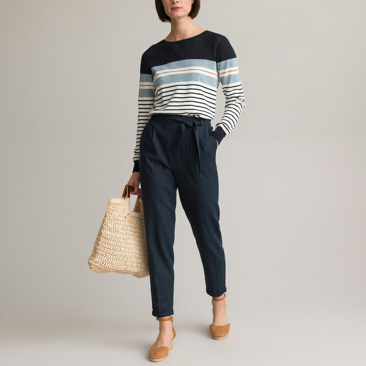 Pantalon jogpant, ceinturé, lin mélangé