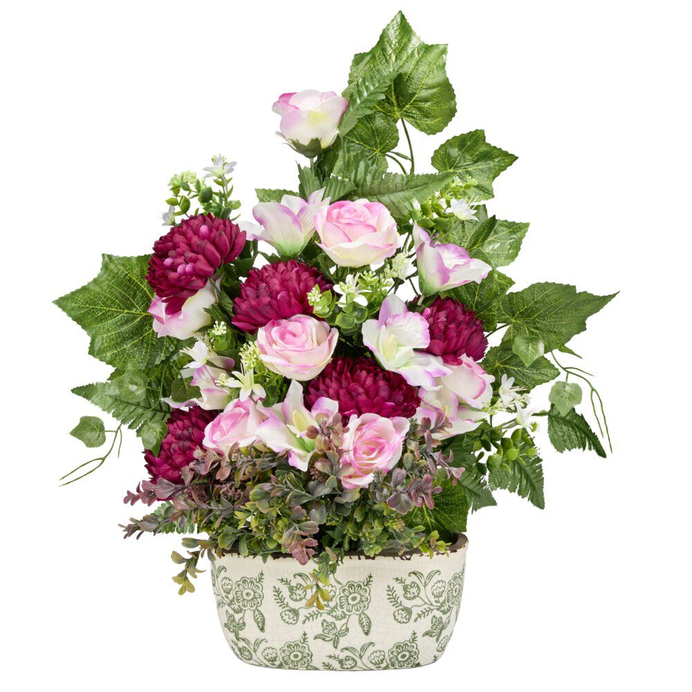 Jardinière céramique chrysanthèmes roses orchidées lierre 58x10xH62cm (3 modèles)