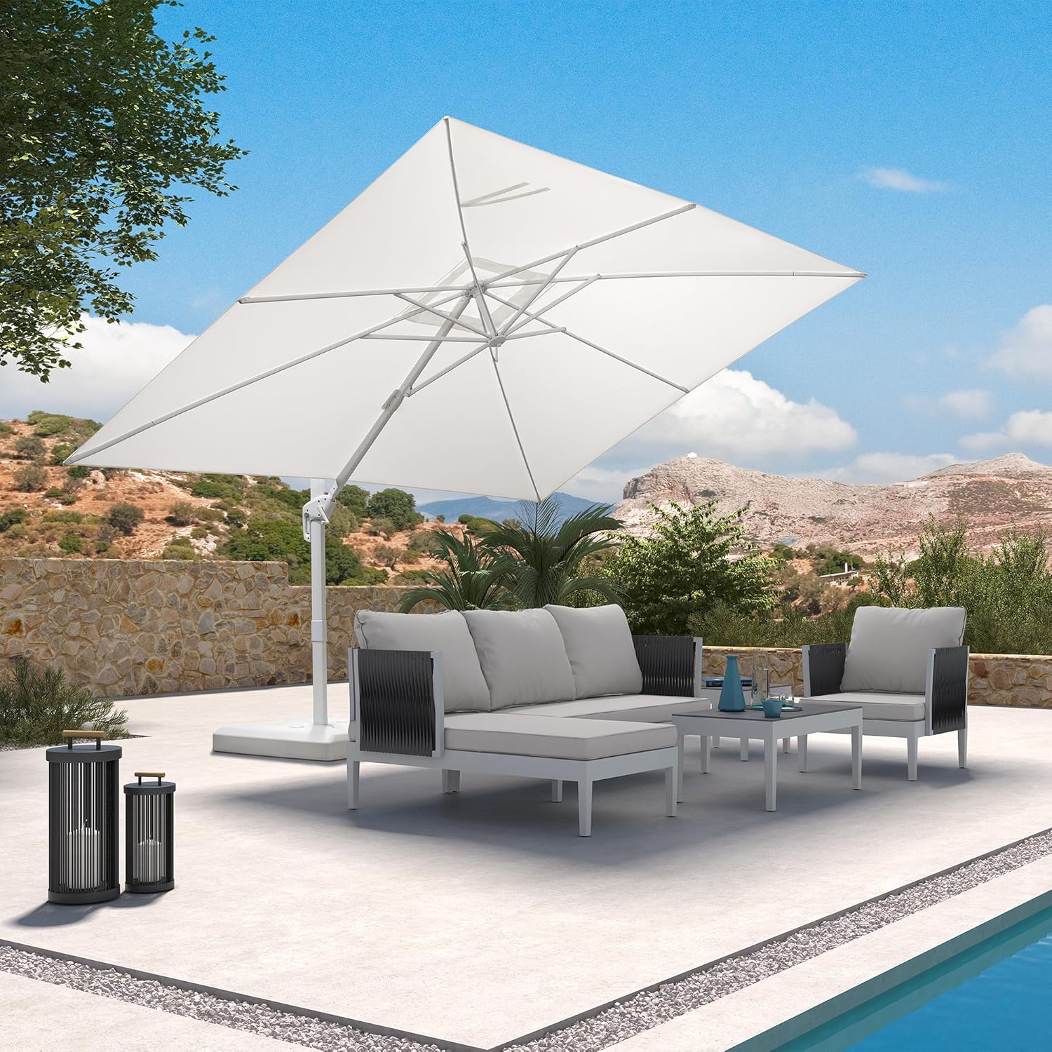 PURPLE LEAF 9' × 11.5' Patio Umbrella White Cantilever Umbrella Aluminum Square Outdoor Offset Umbrella Hanging Windproof with 360° Rotation for Garden Deck Pool, White