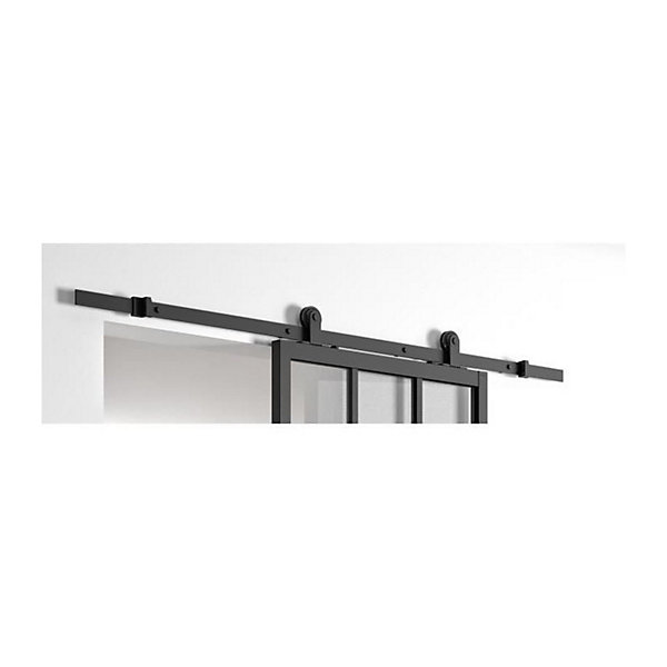 OPTIMUM Kit porte coulissante ATELIER noir   rail apparent   cache rail - 204 x 93 cm - verre transparent