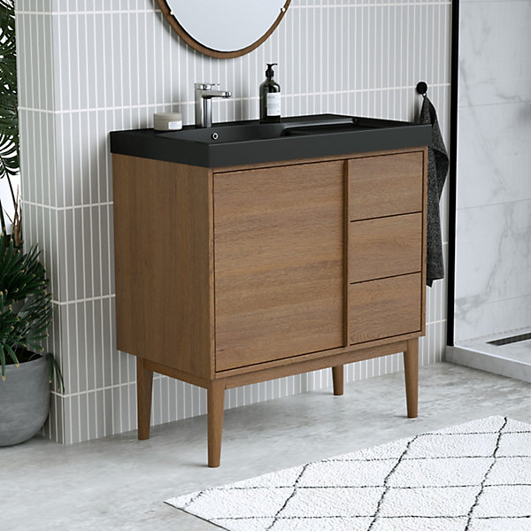 Ensemble meuble sous vasque placage bois Kabayan   plan vasque résine noir Mila l.80 cm