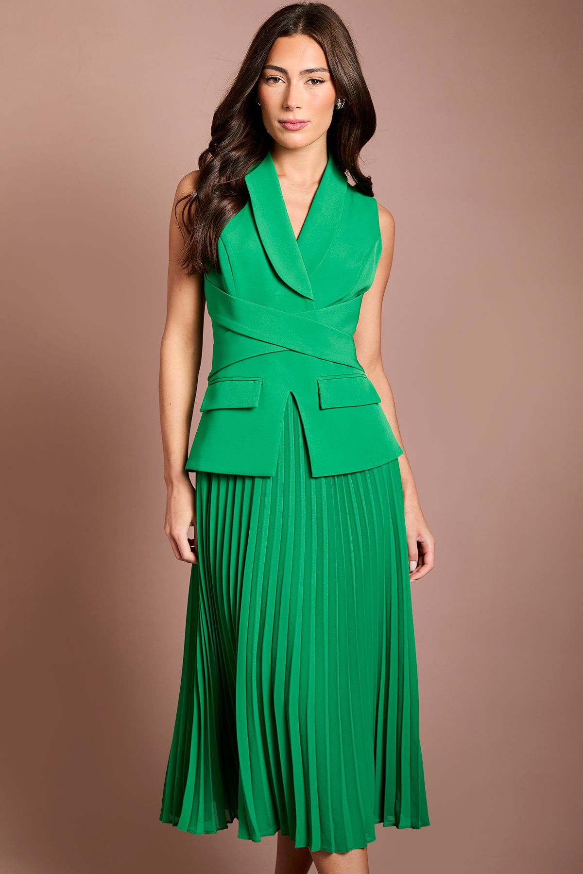 Coast Crepe Wrap Waist Pleated Midi Dress