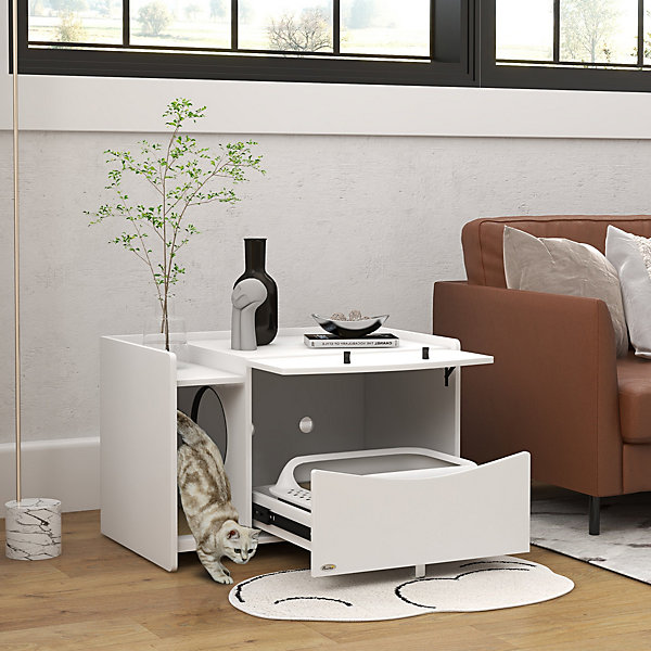 Maison de toilette pour chat - meuble cache litière - compartiment coulissant, aérations, tapis de fuite - blanc