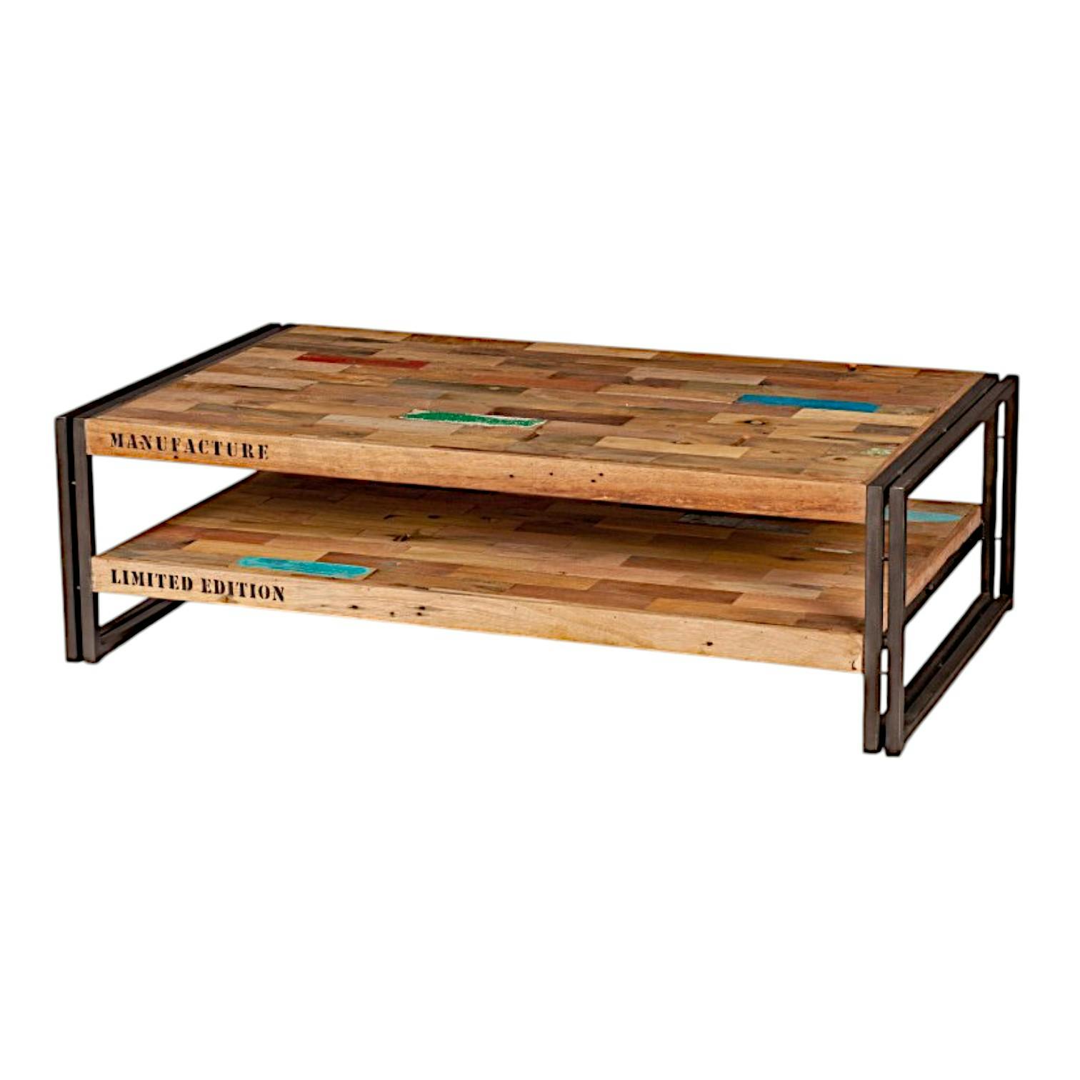Table basse rectangle bois recyclé double plateaux 120x70 CARAVELLE