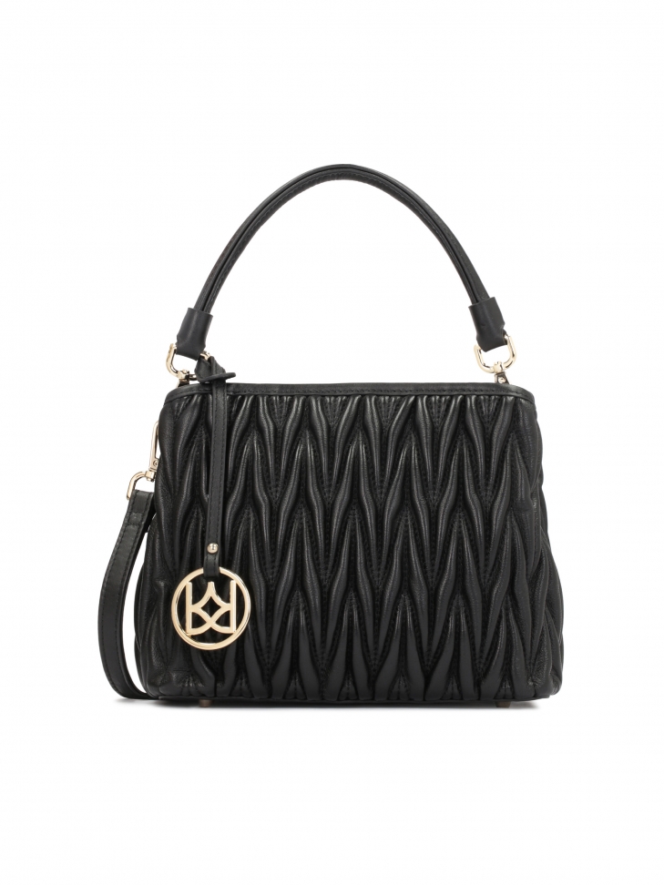 Black crinkled handbag with handle for hand and shoulder