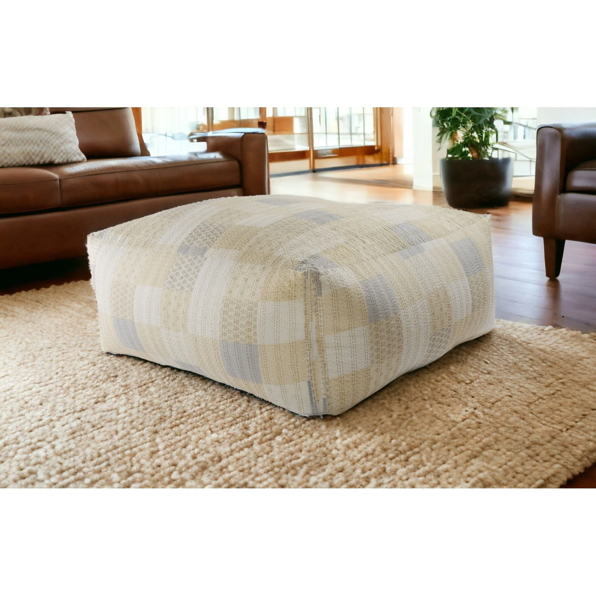 Large 48 Cream Cotton Patchwork Pouf Ottoman Boho Floor Seating Square Footrest Stool