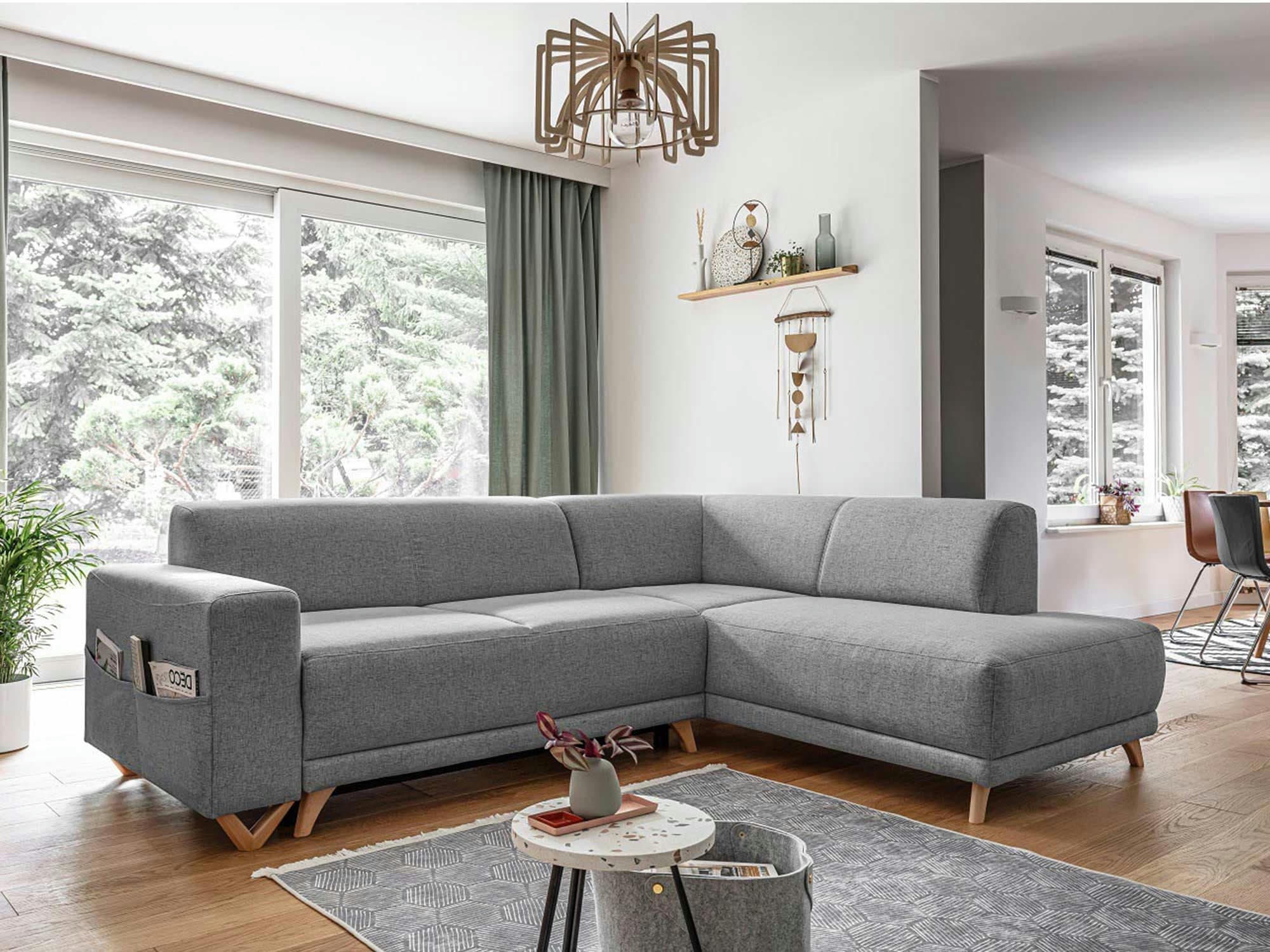 BELLA - Canapé d'angle droit convertible 5 places en tissu gris