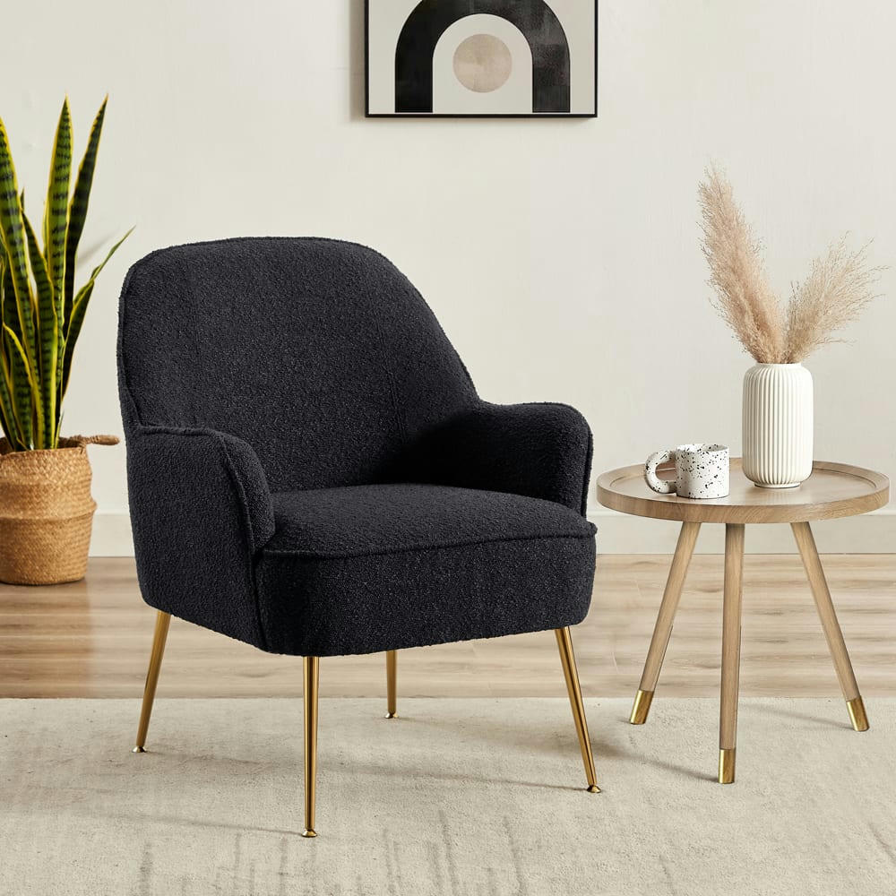 MARCELINO - Fauteuil  en tissu bouclette anthracite avec piètement