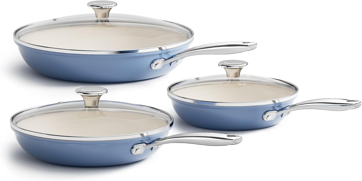 Redchef Nonstick Cookware Sets, Ceramic Frying Pan Set with Tempered Glass Lids, Non Stick Cooking Set, Dishwasher & Oven Safe, Induction Safe, Compatible with All Cooktops, Blue (8, 9.5, 11)