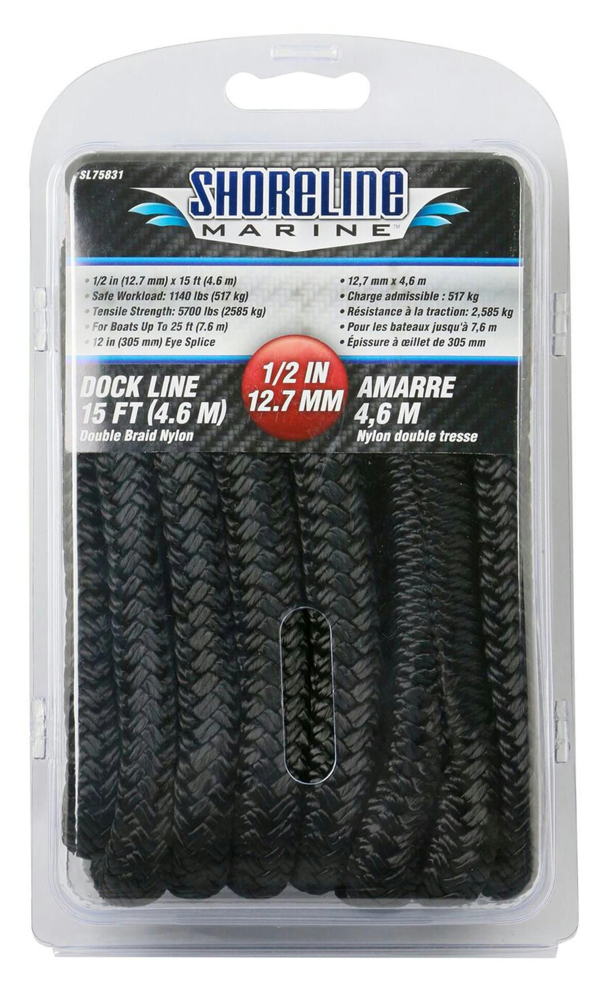 Shoreline Marine Premium Nylon Dock Line, Black, 1/2-in