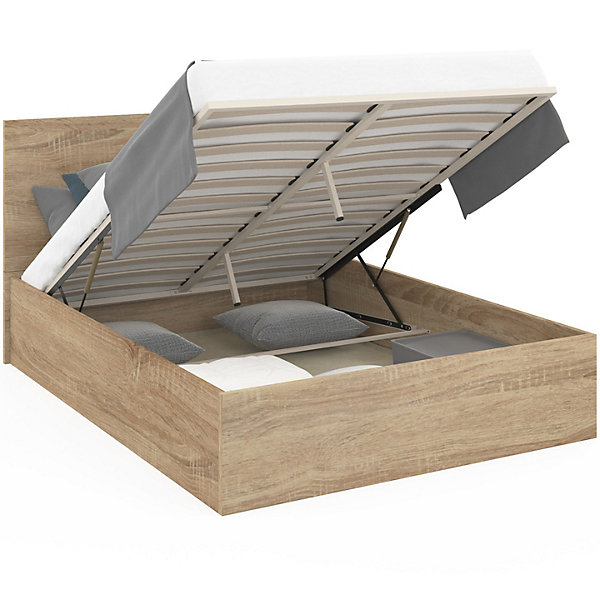 Lit coffre double SEASIDE avec tête de lit et sommier 160 x 200 cm façon hêtre