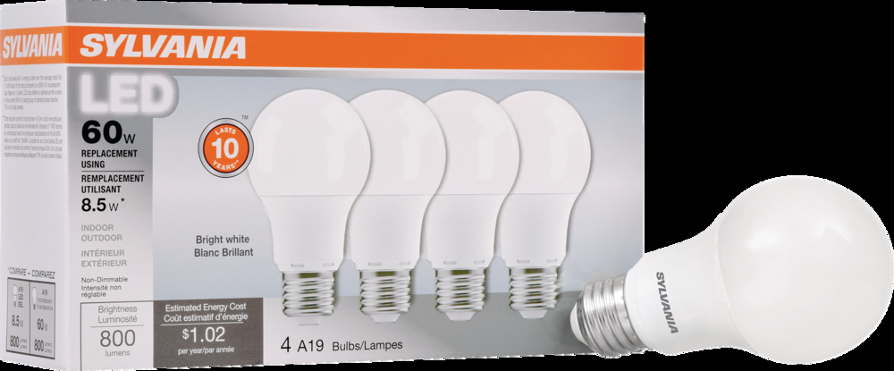 Sylvania A19 E26 Base Non-Dimmable LED Light Bulbs, 800 Lumens, Bright White, 60W, 4-pk