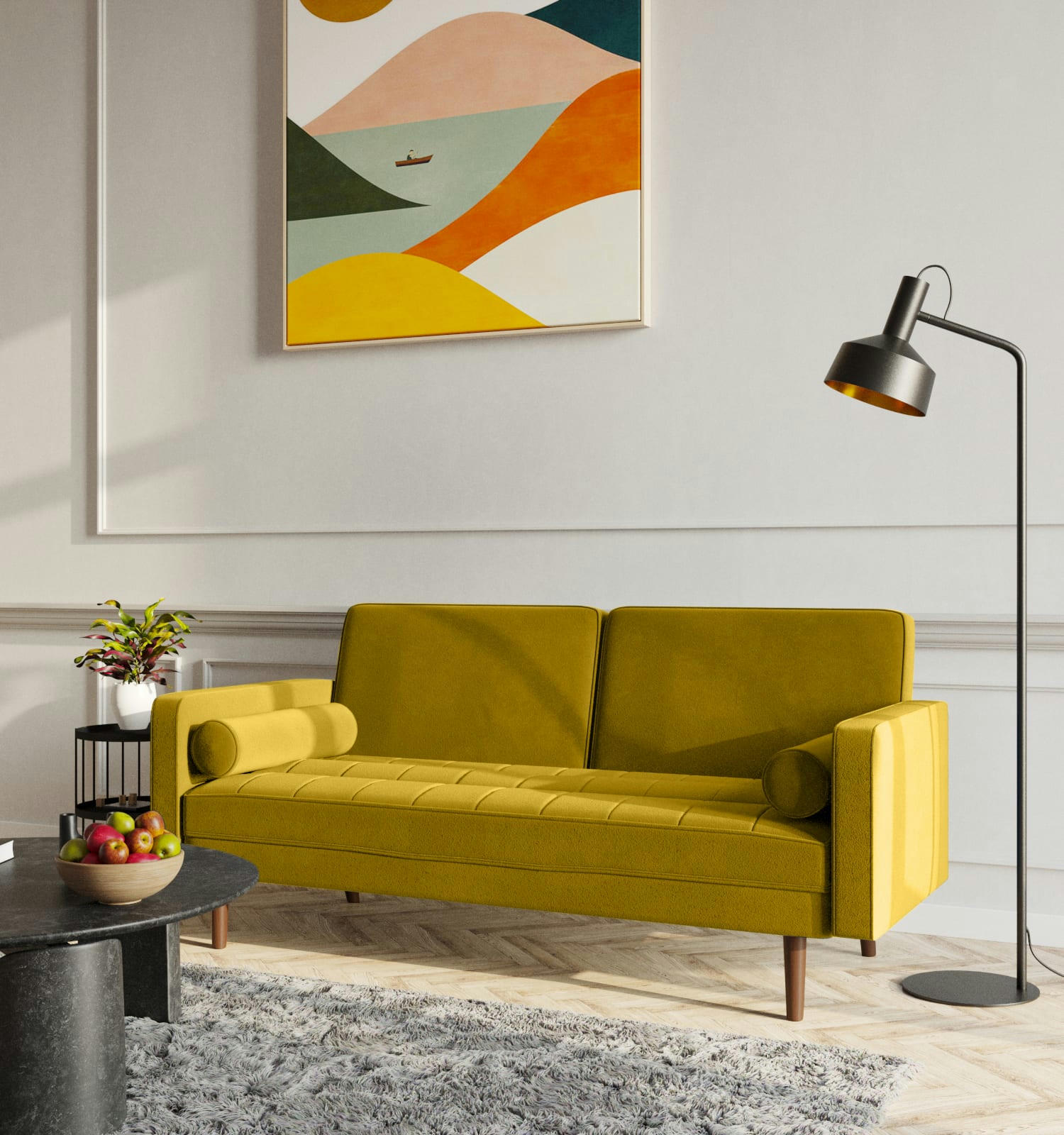 GIULIA - Canapé-lit 2 places en velours jaune moutarde