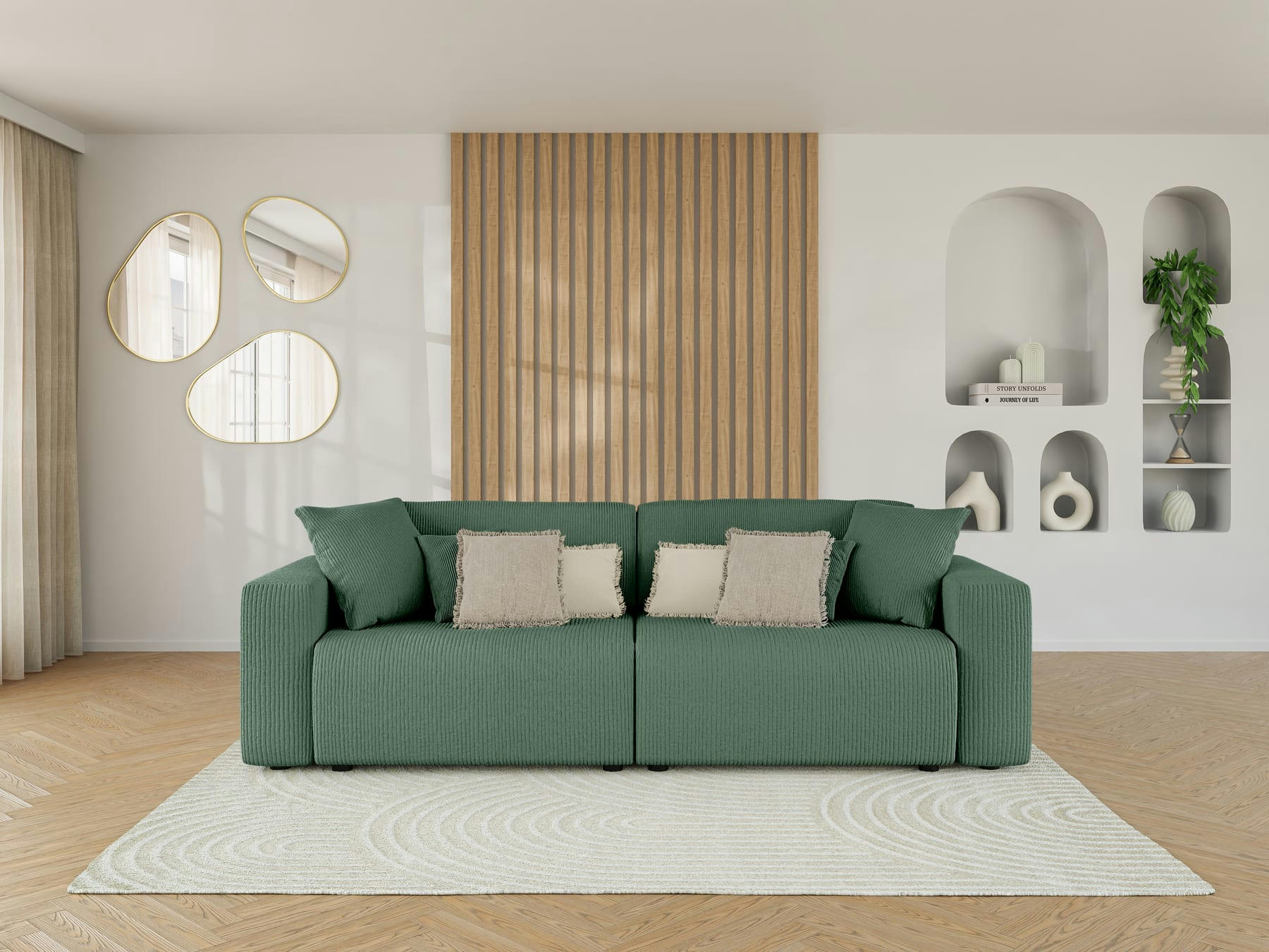 LEO - Canapé droit convertible en velours côtelé 3 places vert