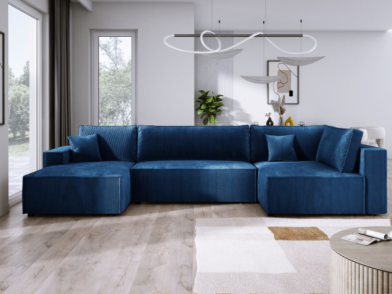 Niebieska sofa narożna U-kształtna COBRA XL na sprężynach pikowana prawa