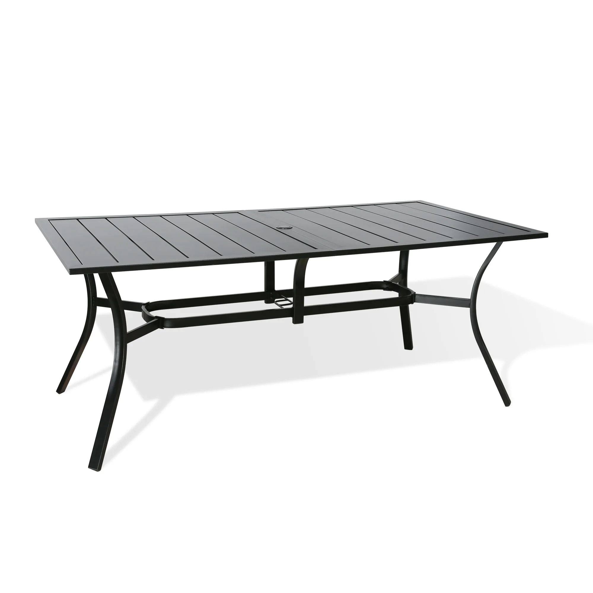 Patio Rectangular Metal Slatted Dining Table with Umbrella Hole