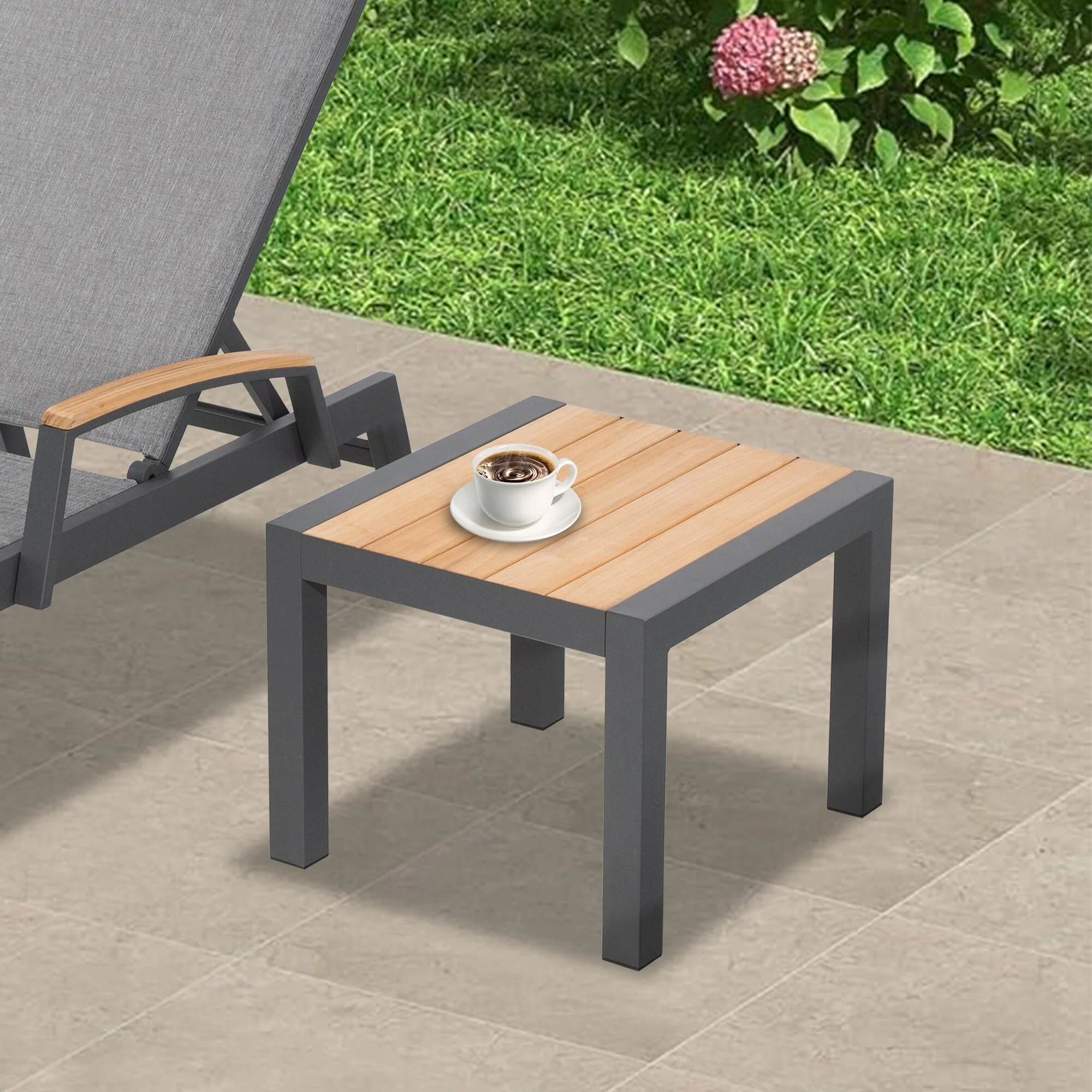 Outdoor Side Table Aluminum Patio End Table with Teak Wood