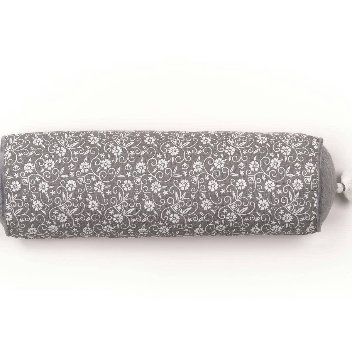 CHARME - Coussin polochon déhoussable pompons gris 45x15