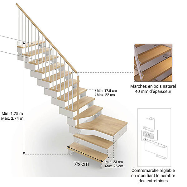 Escalier quart tournant 14 marches - Hauteur à franchir de 2.63 à 3.30m - Largeur 75cm - Bois et blanc - Rampe verticale -