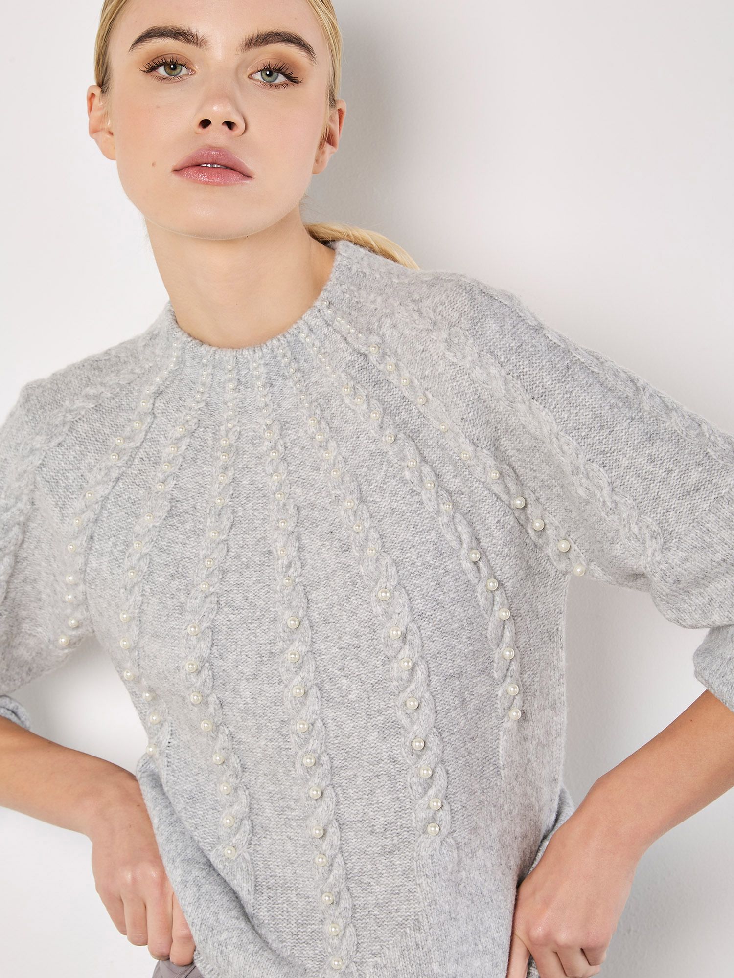 Apricot Pearl Embellished Cable Knit Jumper