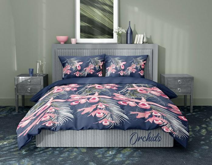Pościel satynowa 220x200 Orchids kwiaty liście Satin Home