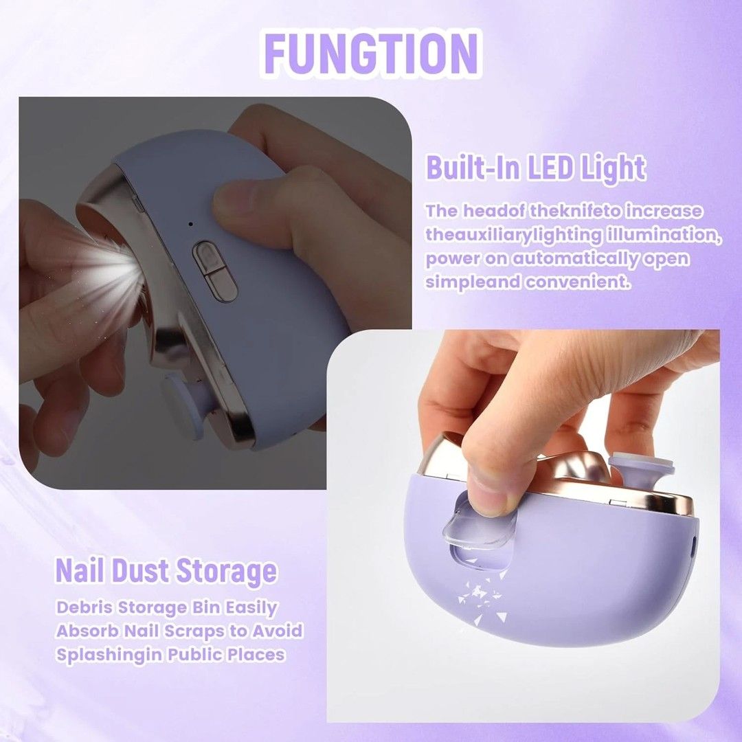 VOGREX Electric Nail Clippers Automatic Nail Trimmer Cutter - Light Purple