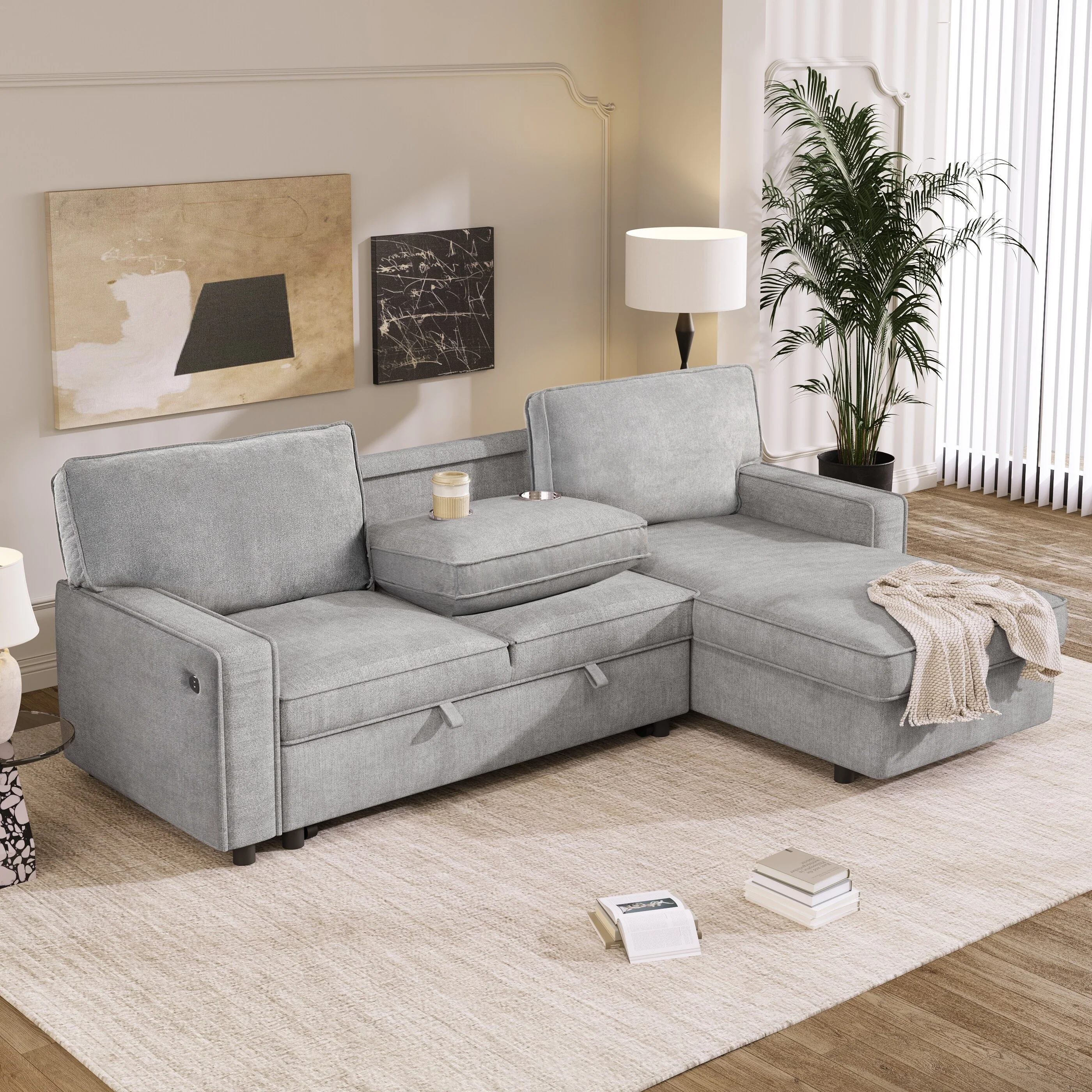 89'' Polyester Sleeper Sofa Couch, 3-Seater with Pull-Out Bed, USB Charging, Storage Ottoman, and Built-In Cup Holders