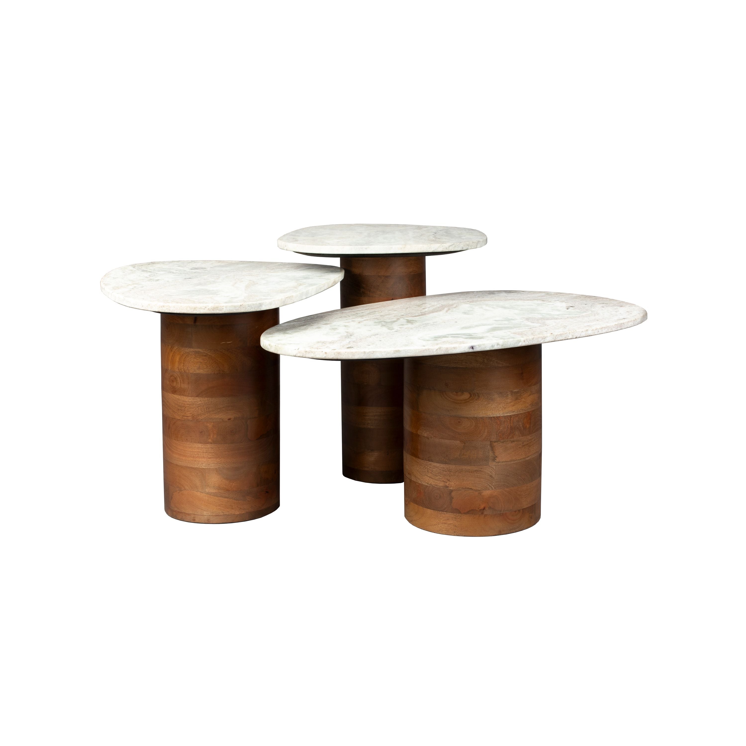 Dutchbone Suki Bijzettafel Organische vorm Marmer/ Hout Wit/ Bruin - Set van 3