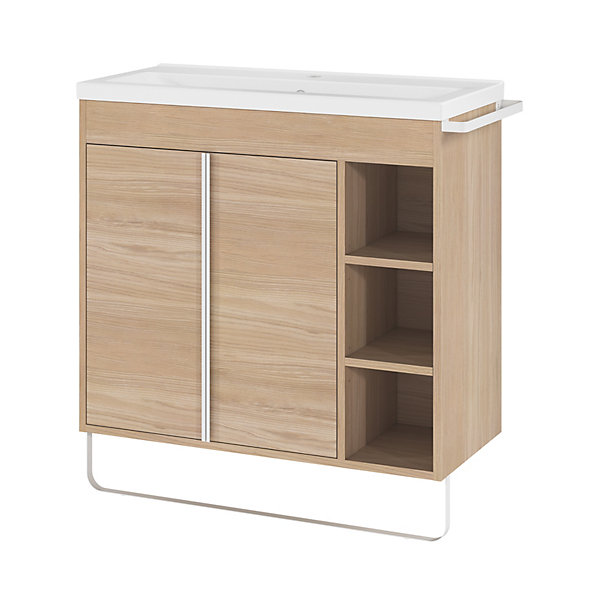 Meuble vasque faible profondeur effet bois avec porte-serviette l.85 x H.82 x P.36 cm Maza   plan vasque céramique Nira, GoodHome