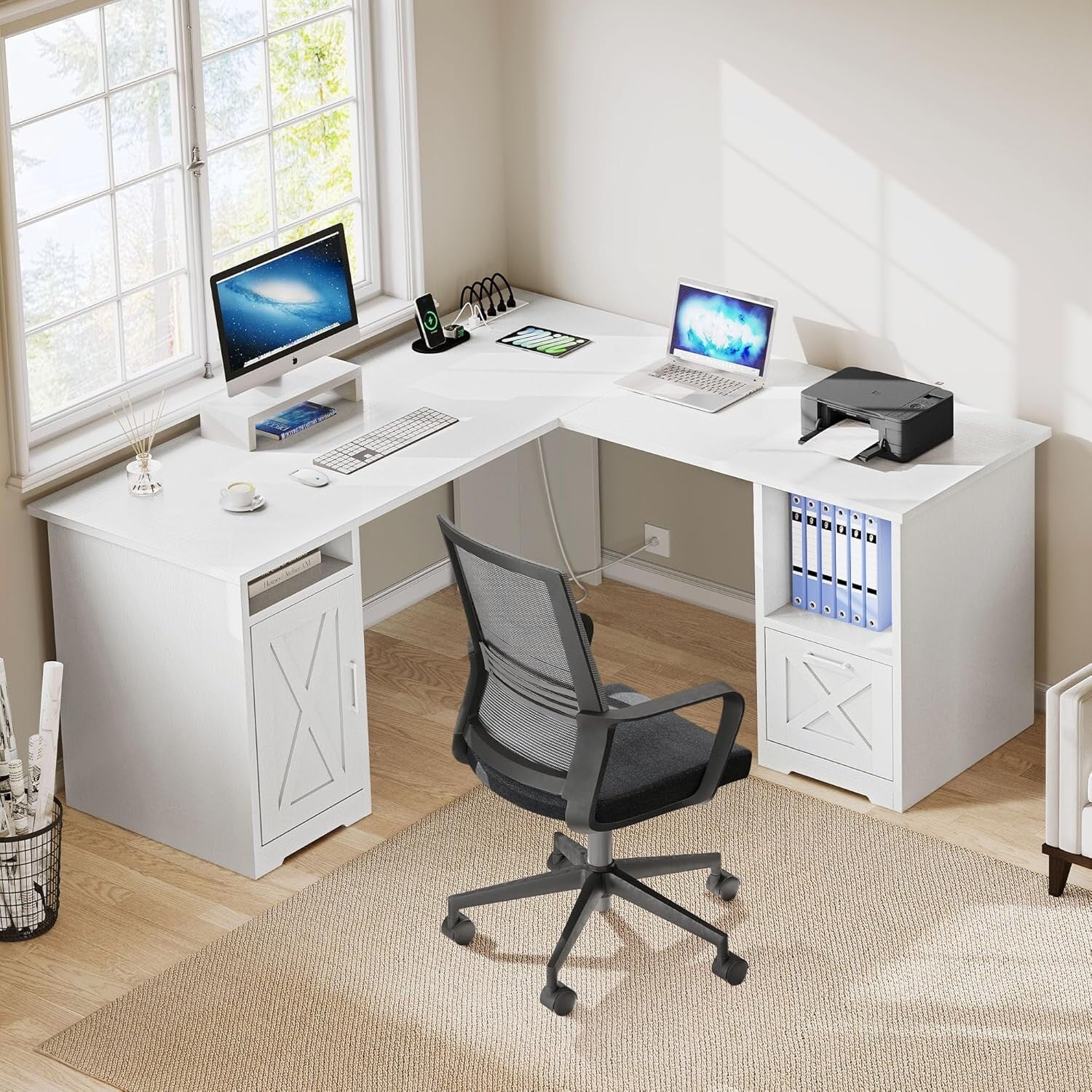 Moasis 59-inch Computer L-shaped Desk with Monitor Stand and Cabinet, Executive Desk w/Power Outlets