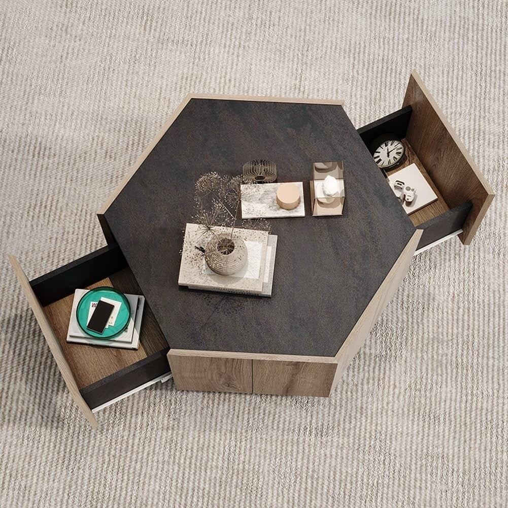Coffee Table Hexagonal Wood Rural Style Table with 2 Storage Drawers Center Table
