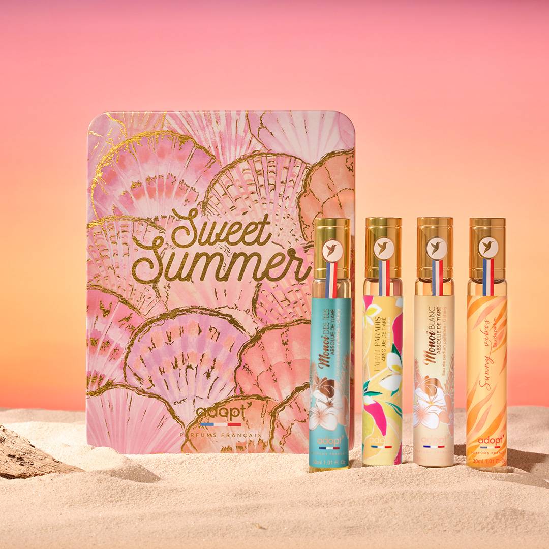 Sweet SummerCoffret Métal 4 eaux de parfums Monoi des iles 30 ml   Tahiti Paradis 30 ml   Monoi Blanc 30 ml   Sunny Vibes 30 ml