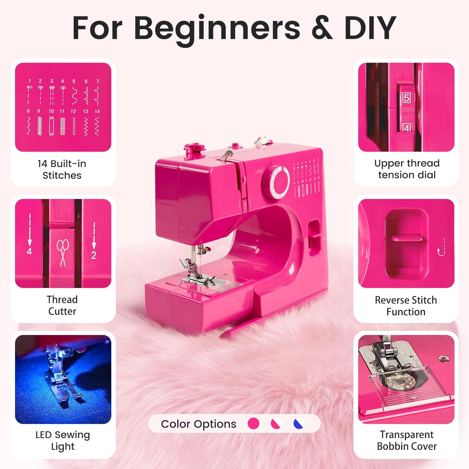 Portable Mini Sewing Machine for Beginners, 14 Stitches, Easy Dial Control, LED Light & Extension Table, Compact Lightweight for Home DIY Mending, Ideal Gift for Kids Adults Bright pink