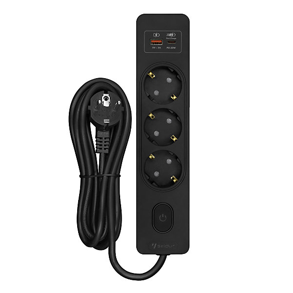 Multiprise SELDUR G3TH22S, 3 prises type F   interrupteur, USB A C charge rapide 20W, Noir, câble 2m