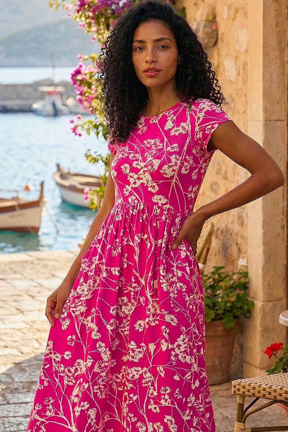 Roman Floral Print Midi Stretch Dress