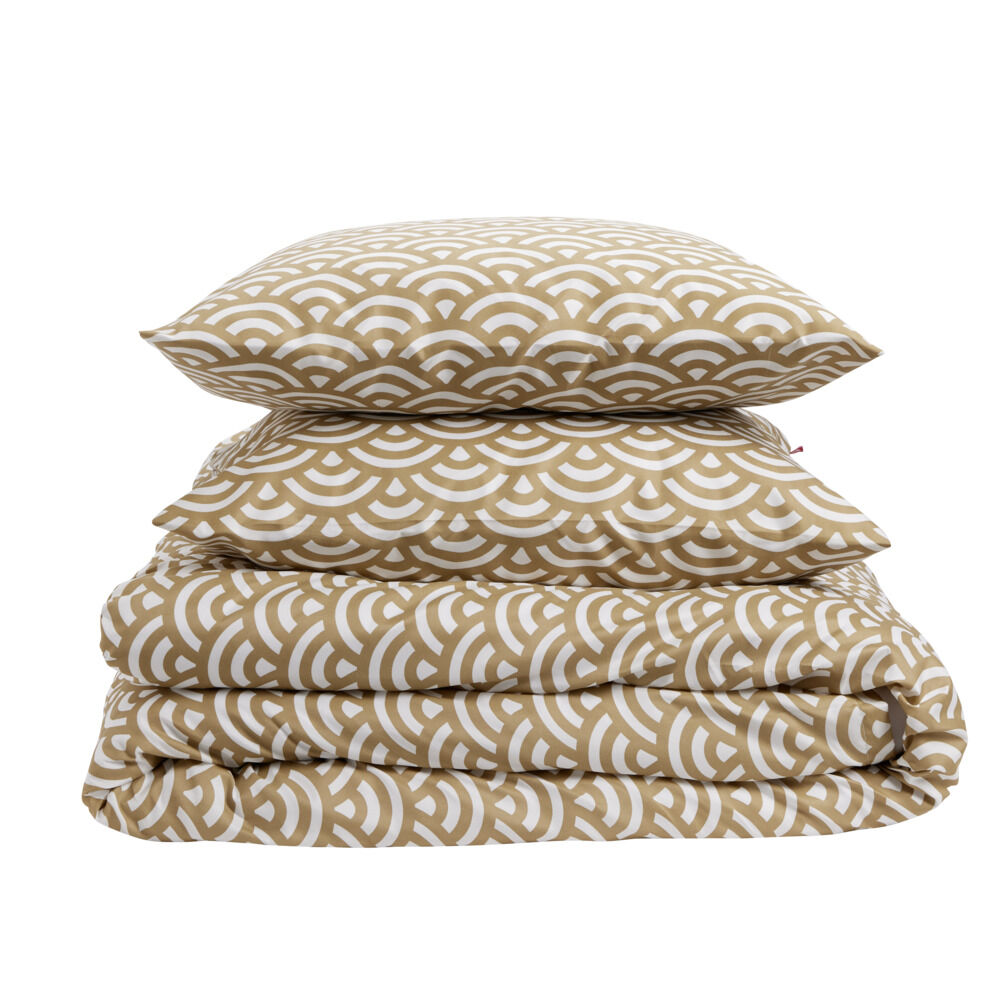 Parure de lit 2 personnes 240x220cm polyester motif vague japonaise marron et blanc