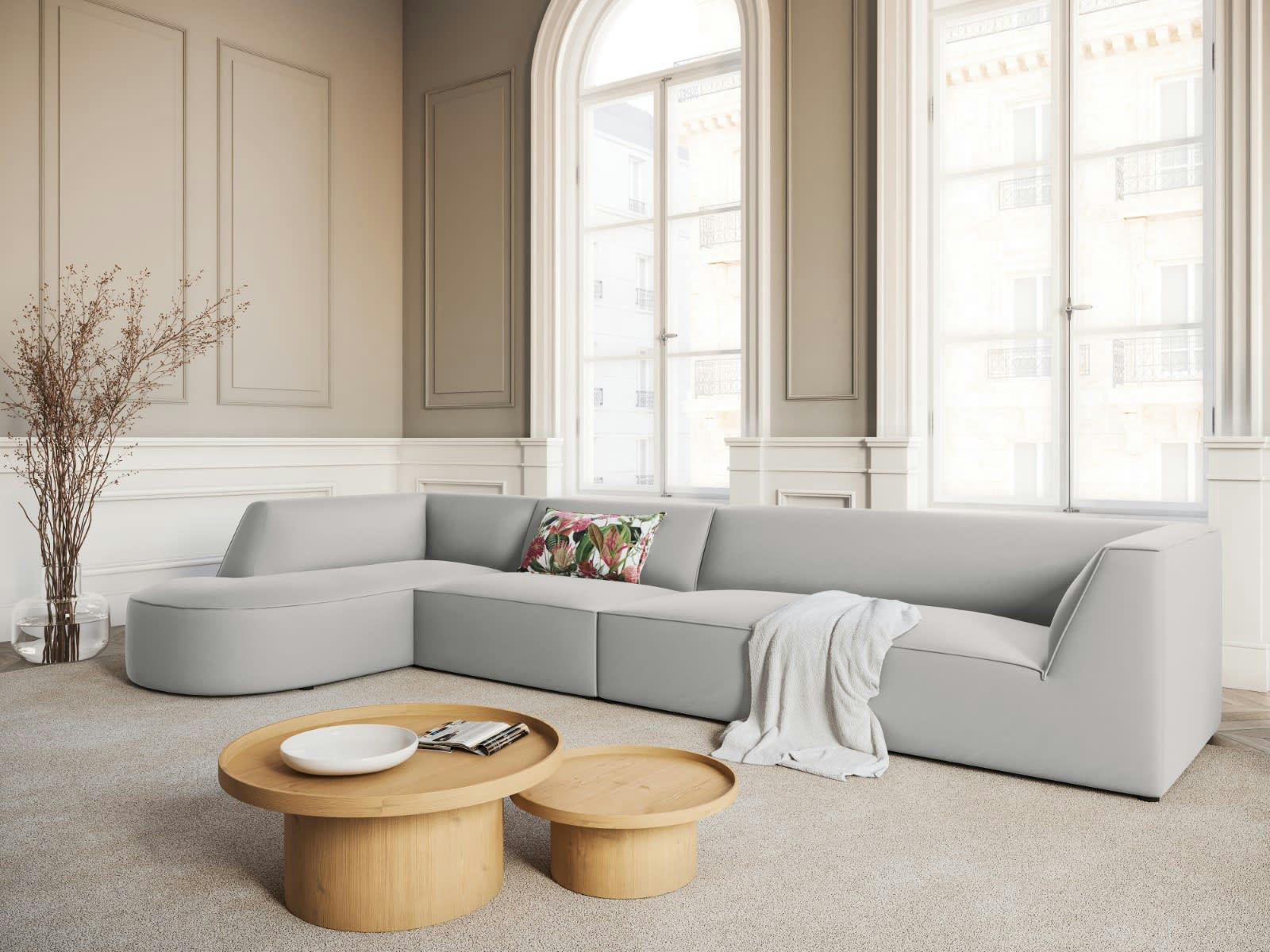 CHARLES - Canapé D'Angle Gauche 5 places en Velours Gris Clair