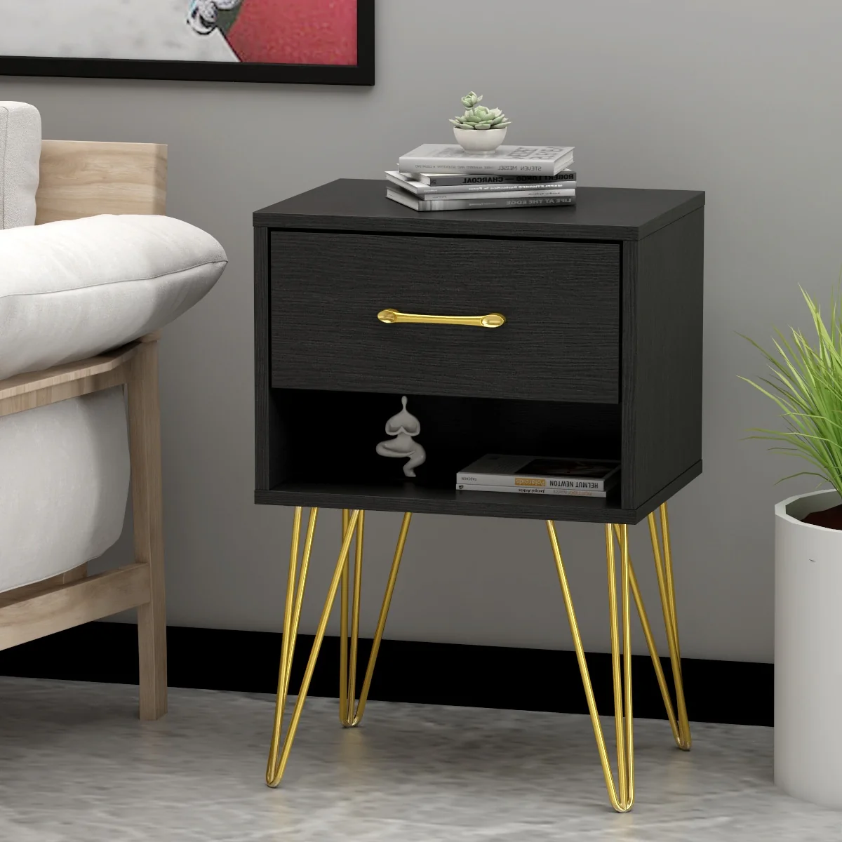 Kerrogee 1-Drawer Nightstand with Shelf - Metal Leg Bedside Table