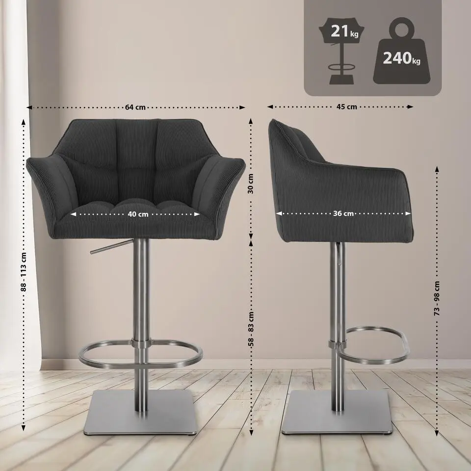 CLP Barkruk Damaso roestvrij staal Frame - Ribstof - donkergrijs