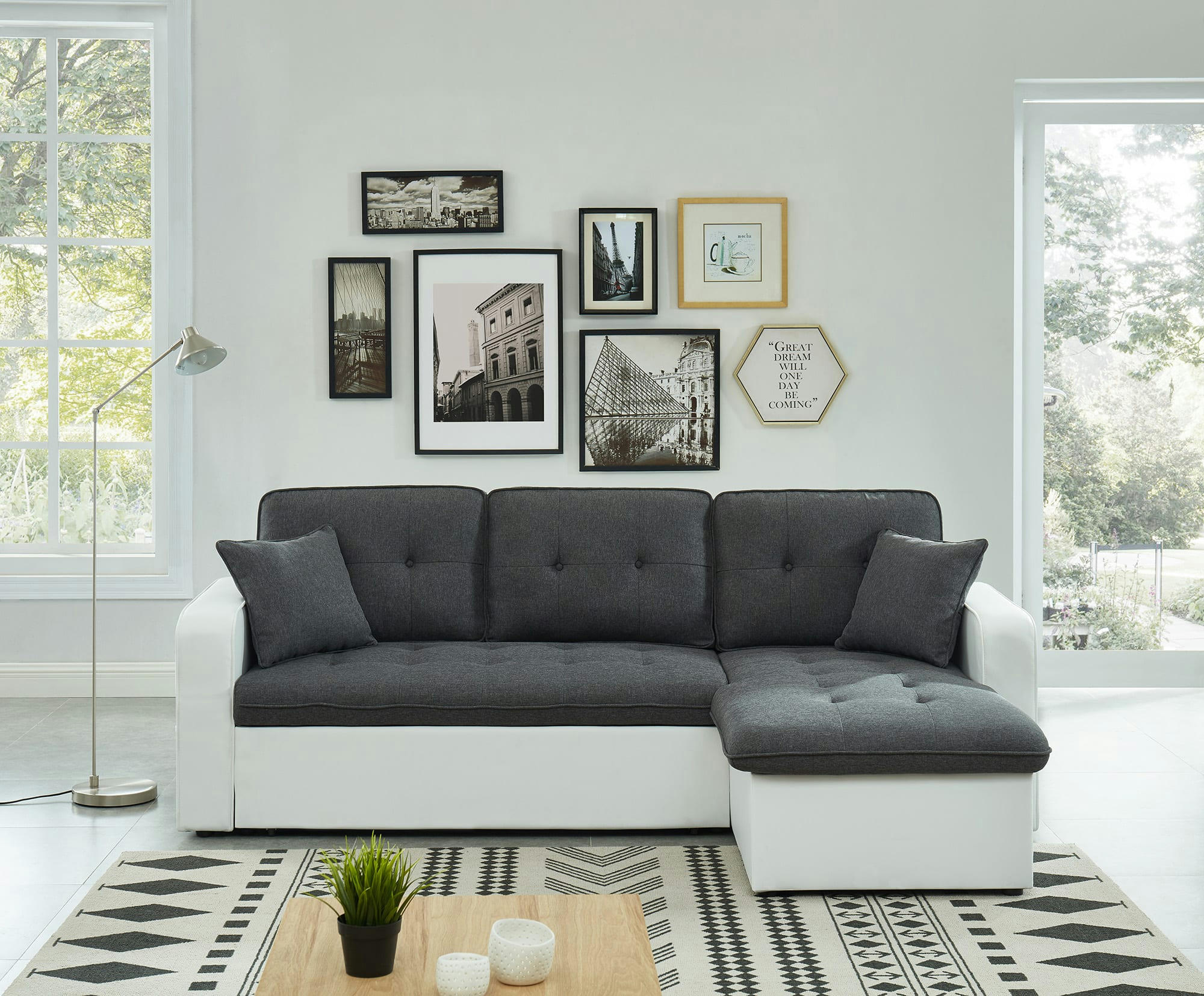 CANVAS - Canapé d'angle convertible en tissu 4 pl gris et blanc