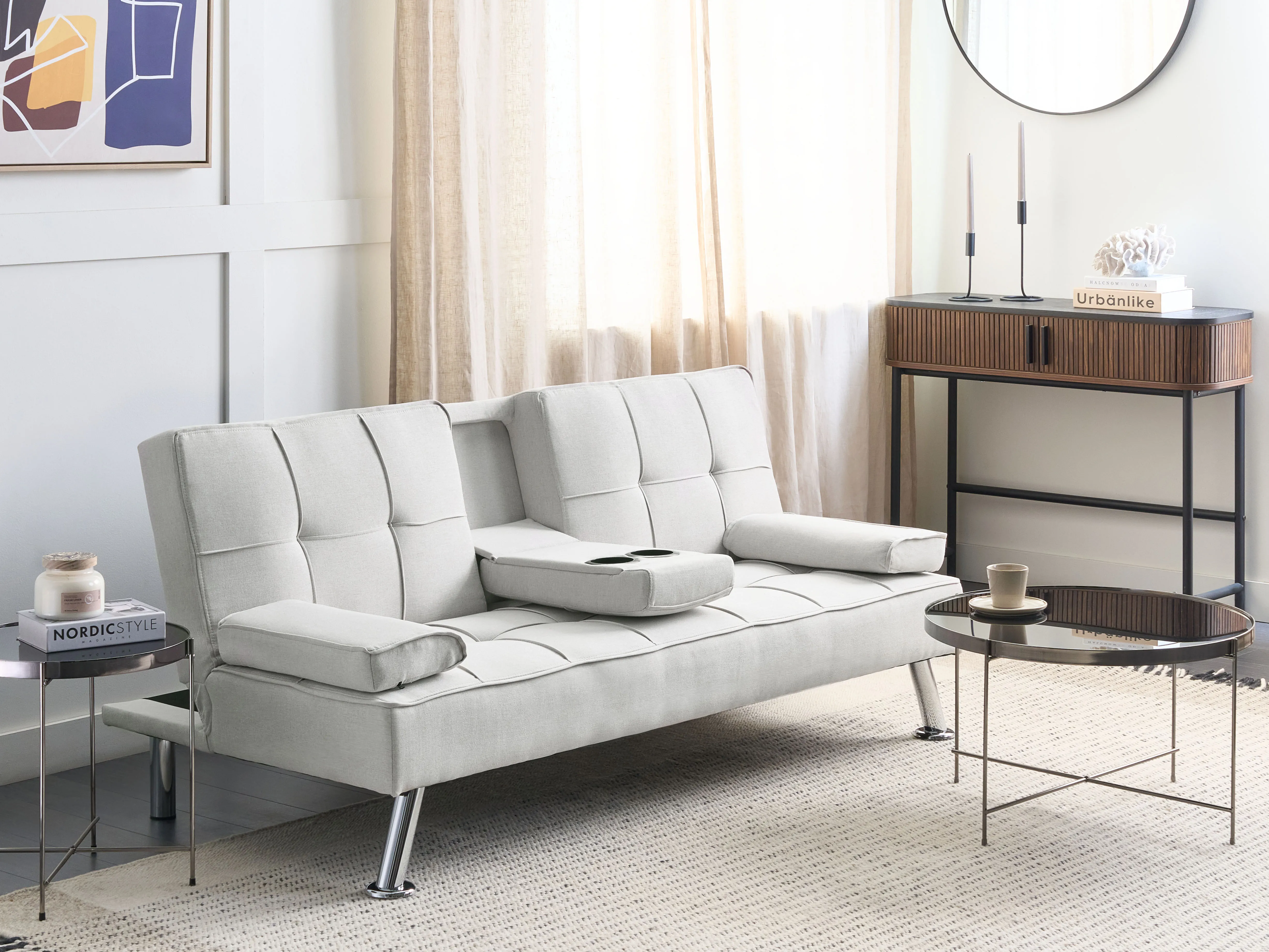 Sofa Bed 3 Seater ROXEN Fabric Light Beige