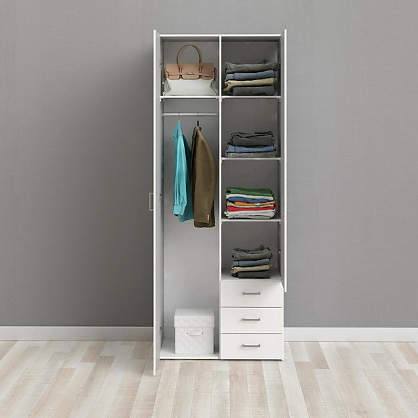 Garde-robe 2 portes Apollina, Meubles de chambre, Penderie de plain-pied, Placard à vêtements, 77x50 h200 cm, Blanc