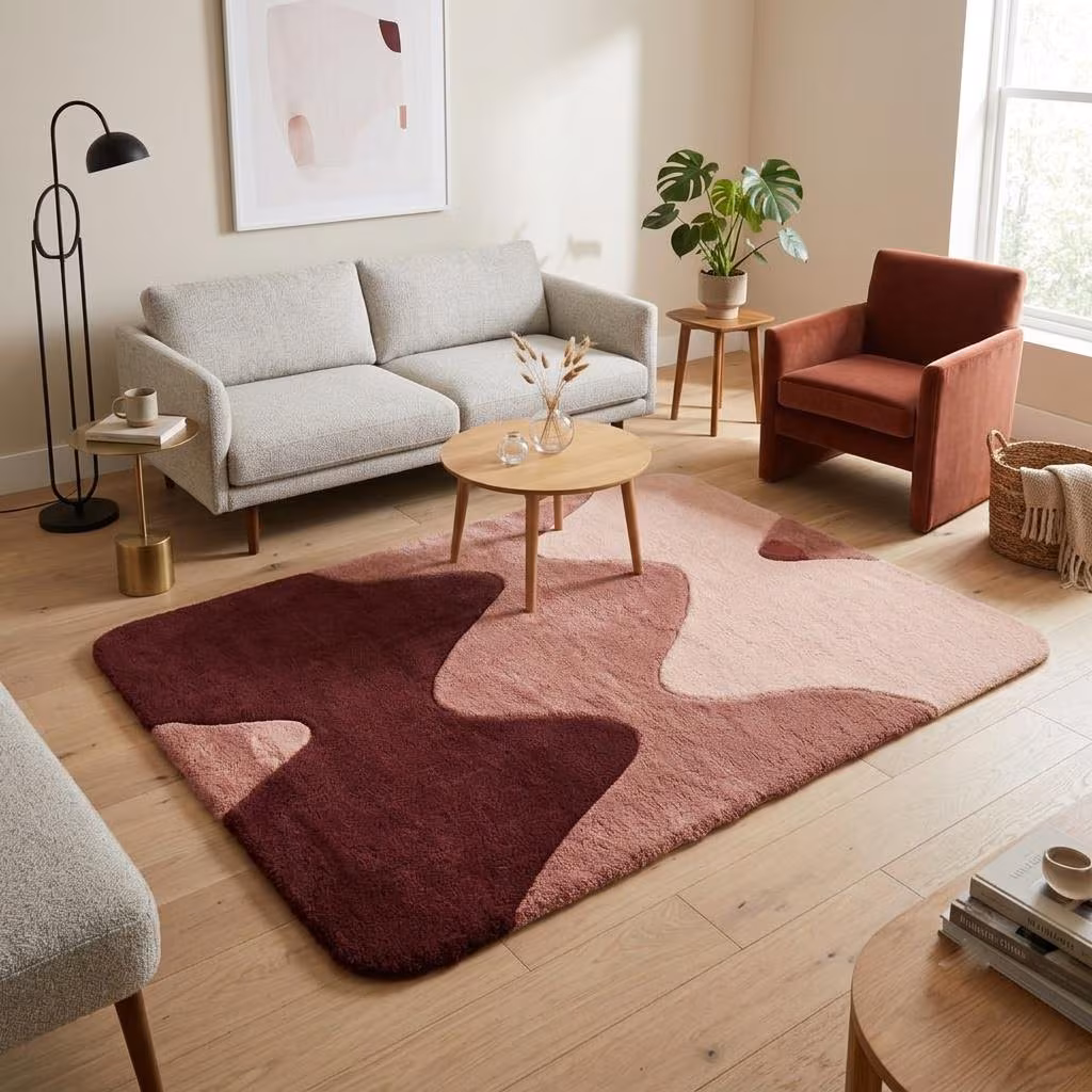 Modern Abstract Hand-Tufted Wool Rug | Pink & Maroon Area Carpet | Luxury Living Room Rug | Fluffy Soft | Custom Sizes