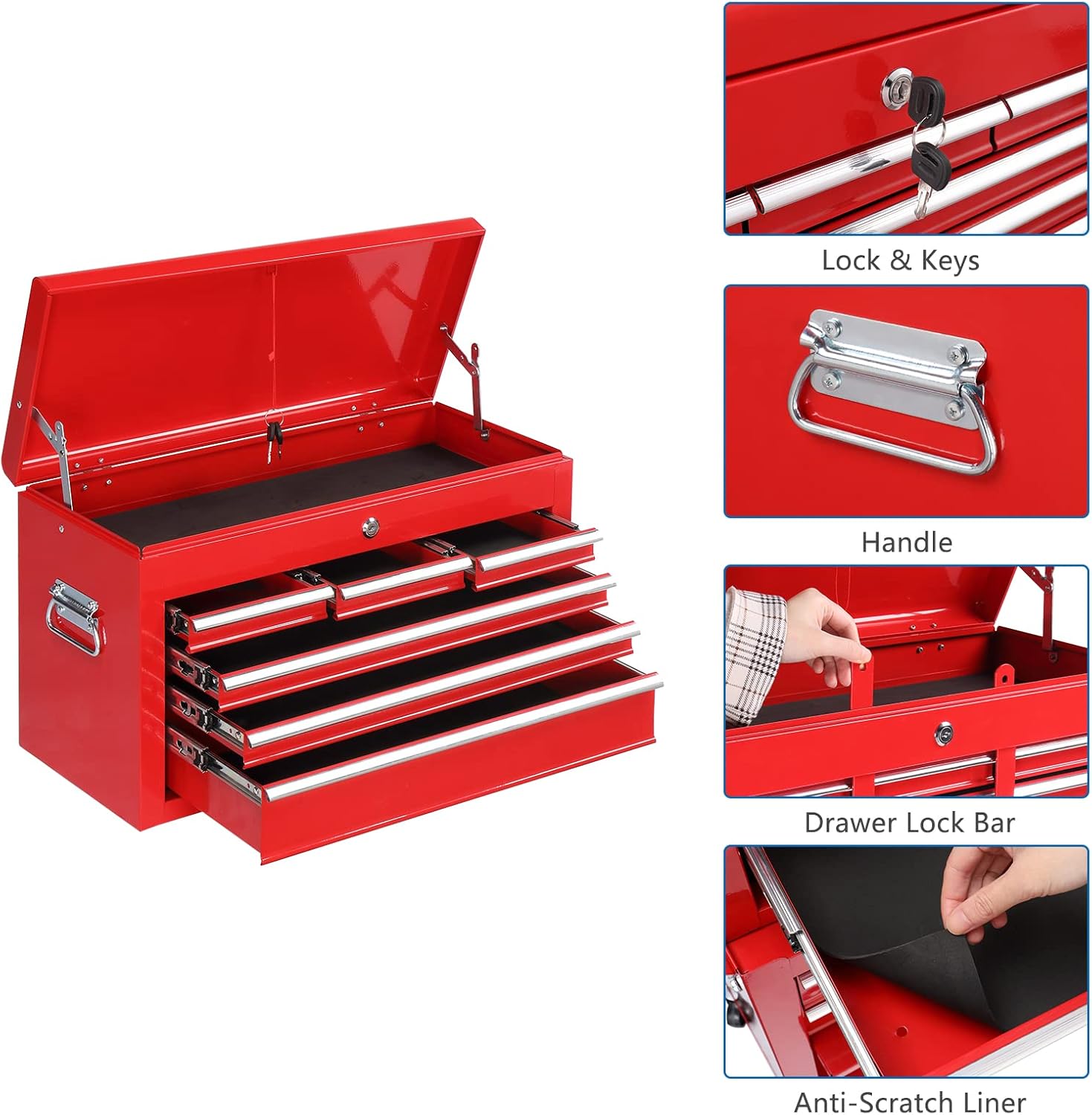 TUFFIOM 8-Drawer Rolling Tool Chest, Wheeled Tool Storage Cabinet w/Detachable Top, Drawers & Side Hooks, Mechanic Tool Organizer Box for Garage Warehouse Repair Shop